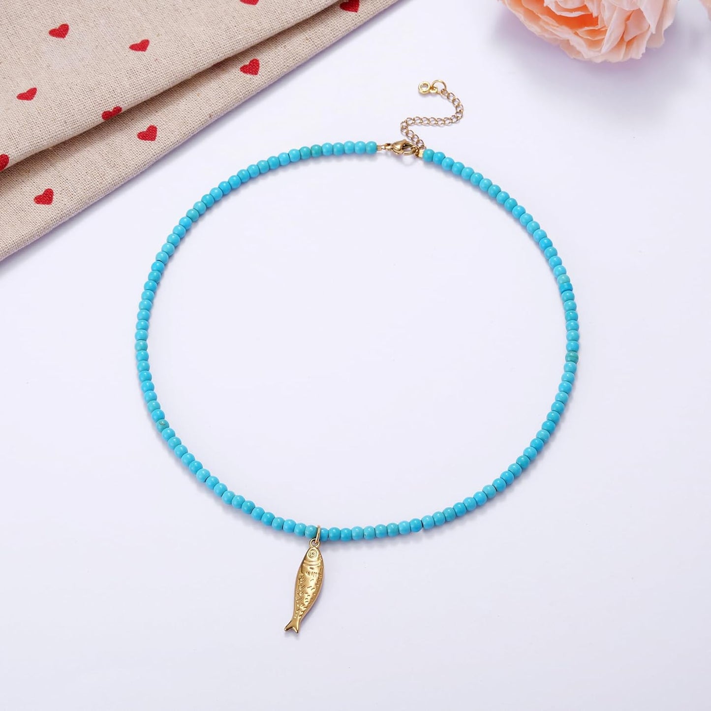Kvekstio Turquoise Beaded Choker Necklace for Women, Gold Fish Pendant Necklace with Gold Chain, Elegant Boho Beach Summer Gift
