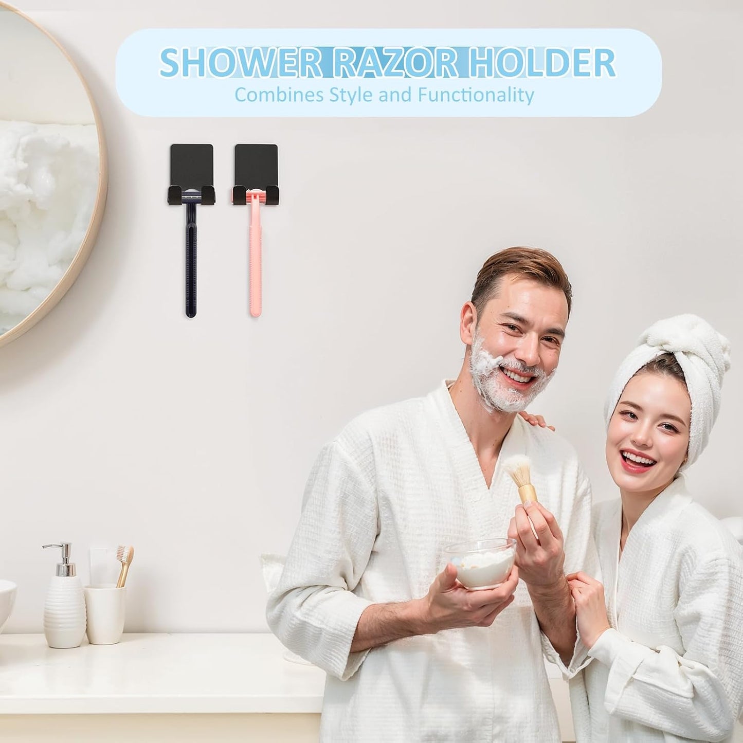 Shower Wall Razor Holder, Metal Adhesive Razor Hooks for His and Hers, Waterproof, Black, 2 Pcs