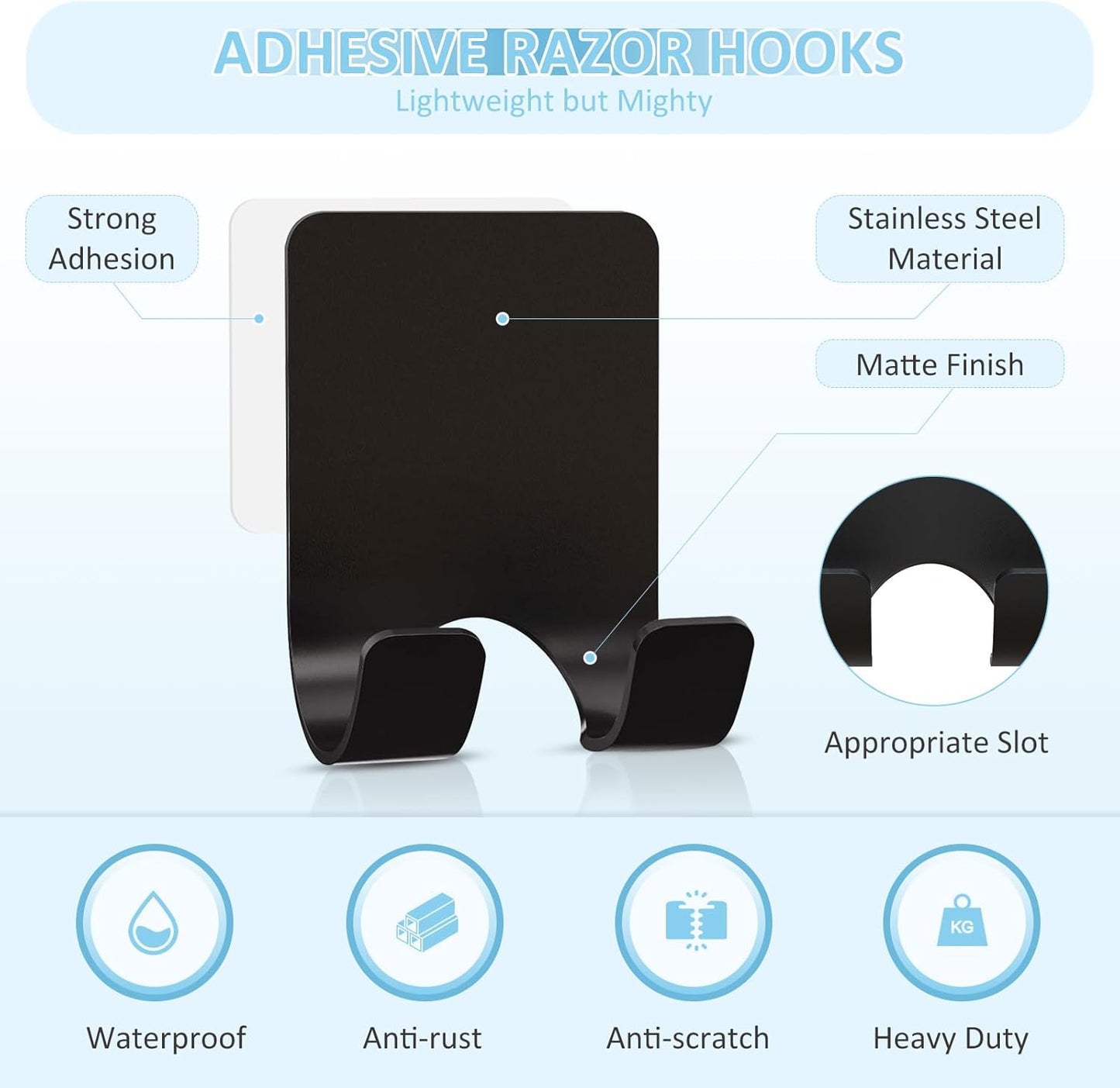 Shower Wall Razor Holder, Metal Adhesive Razor Hooks for His and Hers, Waterproof, Black, 2 Pcs