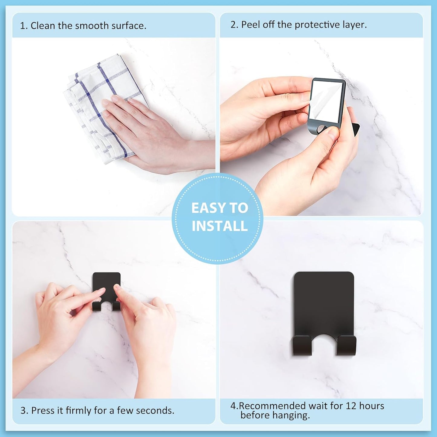 Shower Wall Razor Holder, Metal Adhesive Razor Hooks for His and Hers, Waterproof, Black, 2 Pcs