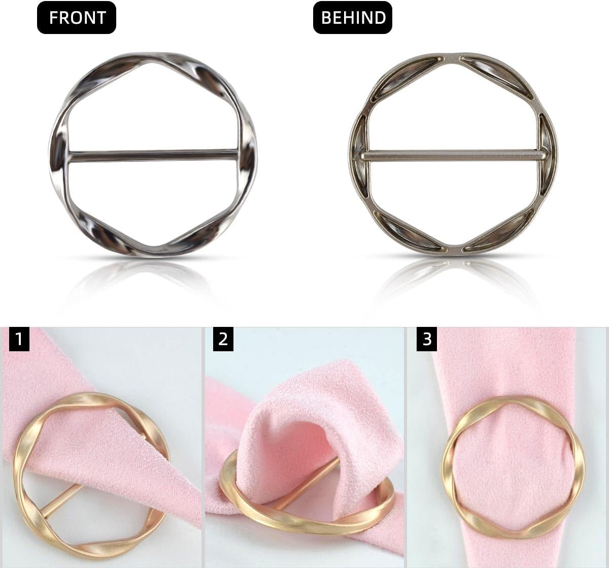 Tie Clips for Women & Girls - Twist Tee Knot Scarf Clip Waist Clothes Corner Knotted Button Fashion Metal Circle Buckle Alloy Clothing Ring Wrap Holder Round Scarves Clasp