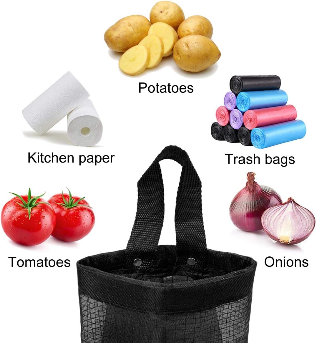 2 Pcs Plastic Bag Holder Trash Bags Storage Dispenser Organizer for Home Kitchen Mesh Hanging Dispensers Recycling Garbage Folding Grocery with Hooks (Black)