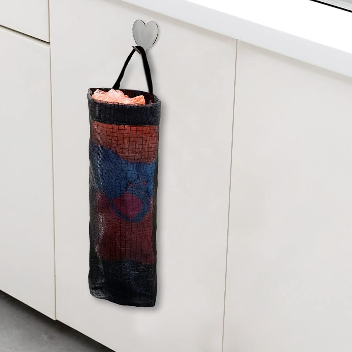 2 Pcs Plastic Bag Holder Trash Bags Storage Dispenser Organizer for Home Kitchen Mesh Hanging Dispensers Recycling Garbage Folding Grocery with Hooks (Black)