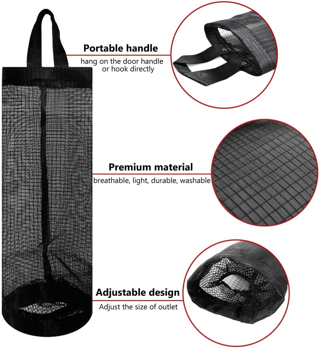 2 Pcs Plastic Bag Holder Trash Bags Storage Dispenser Organizer for Home Kitchen Mesh Hanging Dispensers Recycling Garbage Folding Grocery with Hooks (Black)