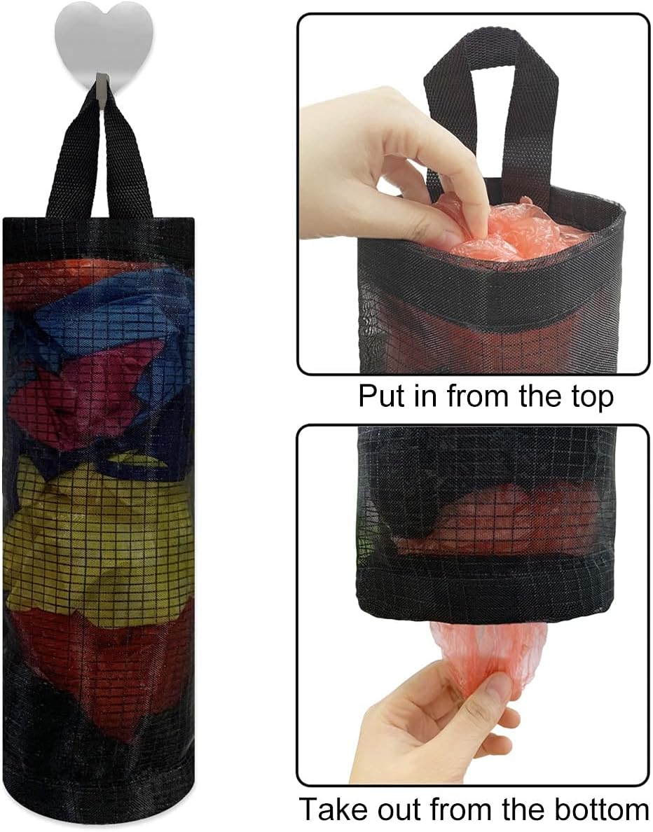 2 Pcs Plastic Bag Holder Trash Bags Storage Dispenser Organizer for Home Kitchen Mesh Hanging Dispensers Recycling Garbage Folding Grocery with Hooks (Black)