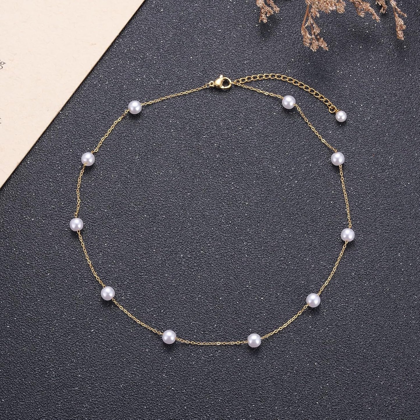Gold-Plated Floating Pearl Necklace for Women – Minimalist Imitation White Pearls Chain, Station Pearl Necklace Gift for Bride Bridesmaids Mom Wife Daughter, Wedding Birthday Christmas