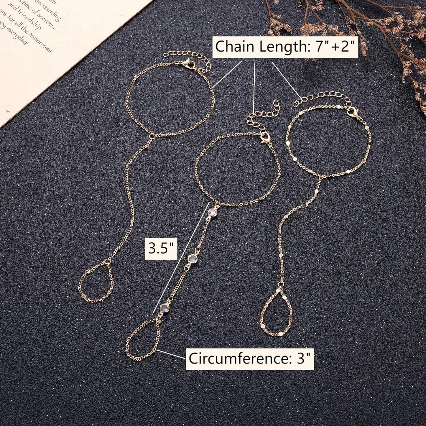 3 Pack Gold Hand Chain Bracelet Set for Women – Dainty Layered Finger Ring Bracelets, Boho Wrist Accessory for Wedding Prom Beach Party, Elegant Hand Jewelry Gift for Bridesmaids Daughter