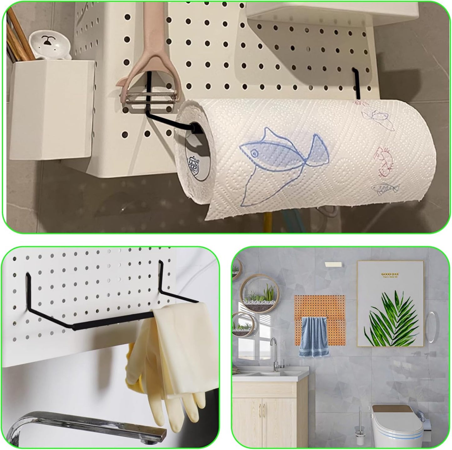 2 Pack Pegboard Towel Holder Pegboard Hooks for Paper Towels, Kitchen Towels, Stickers, Tapes Great Peg Board Organizer Accessories for Workshop, Garage, Kitchen