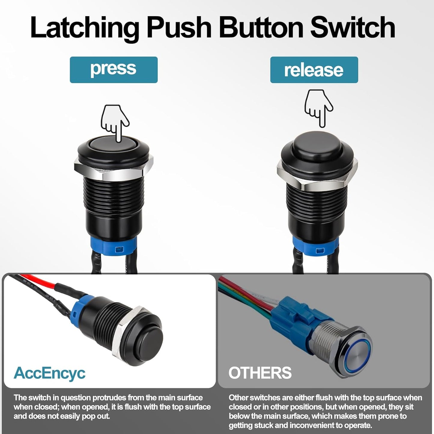 12mm Latching Push Button Switch - Raised Head, Normally Open ON - Off, with Pre - soldered Cable, Aluminium Alloy Shell, for 12V/24V/36V/110V, Waterproof IP66, Without LED (10PCS)