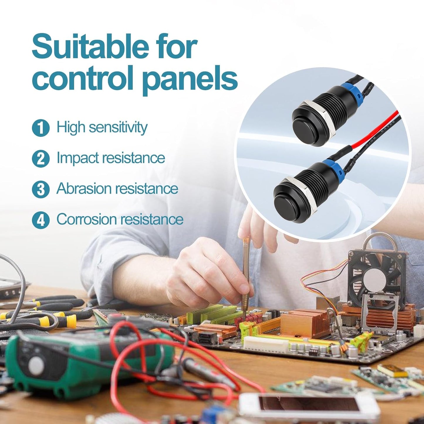 12mm Latching Push Button Switch - Raised Head, Normally Open ON - Off, with Pre - soldered Cable, Aluminium Alloy Shell, for 12V/24V/36V/110V, Waterproof IP66, Without LED (10PCS)