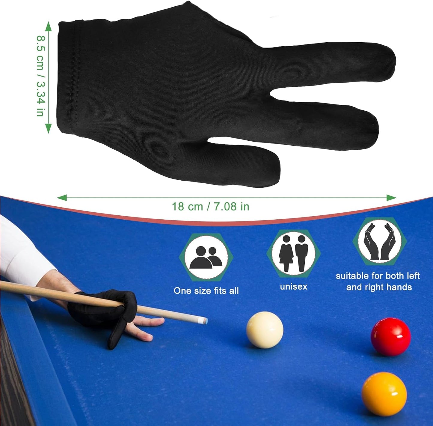 3 Fingers Pool Gloves 20Pcs Billiard Glove Universal Cue Sports Gloves Pool Left Right Hand Gloves Breathable Elastic Show Gloves Sport Gloves for Billiard Accessories, Black