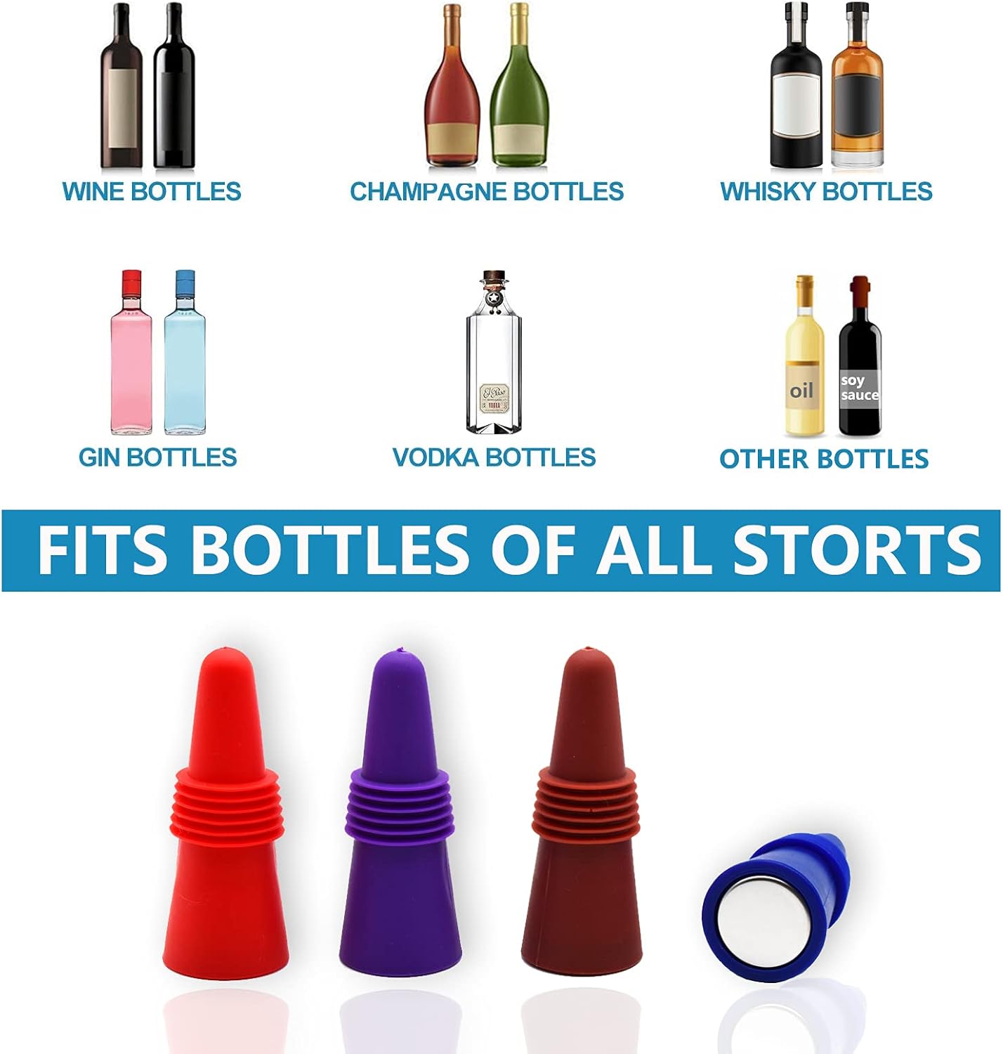 Wine Stoppers Beverage Bottle Sealer Soft Silice Wine Bottle Stoppers Corks with Grip Top for Keeping Wine Champagne Fresh, 8 Pack