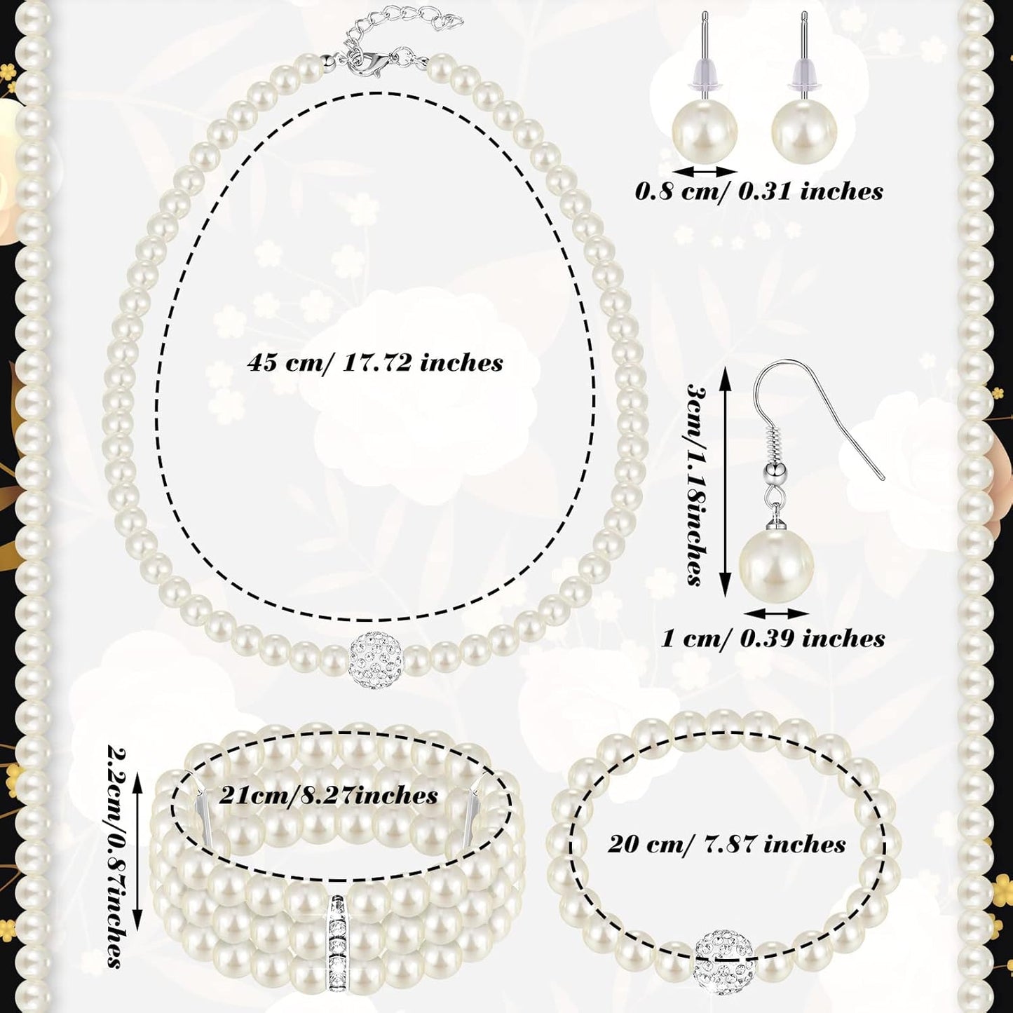 Glenmal Pearl Rhinestone Jewelry Set for Women Pearl Necklace Bracelet Earrings for Wedding Birthday Bridal Shower Tea Party