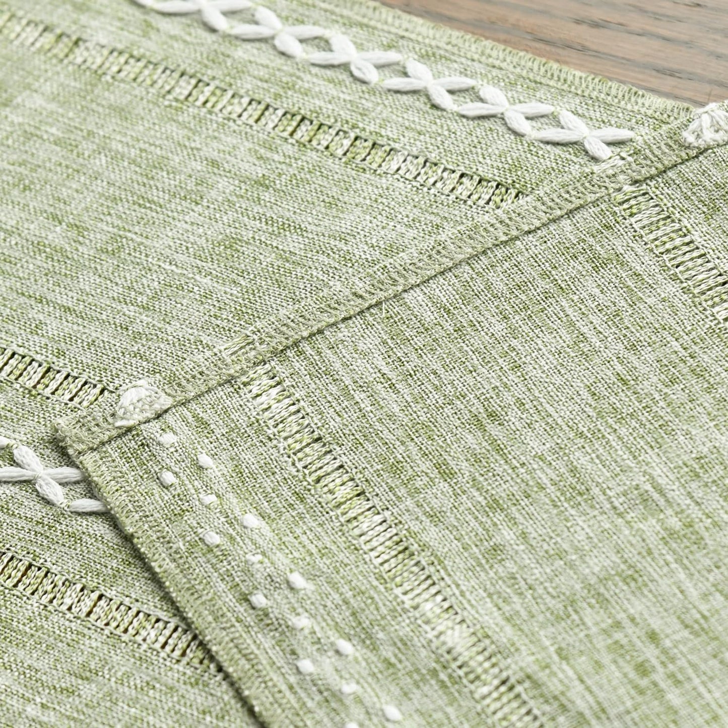 Sage Green Rustic Cotton Linen Table Runner, Seasonal Embroidered Hollow Kitchen Dining Table Decoration for Home Party Decor 13x72 Inch