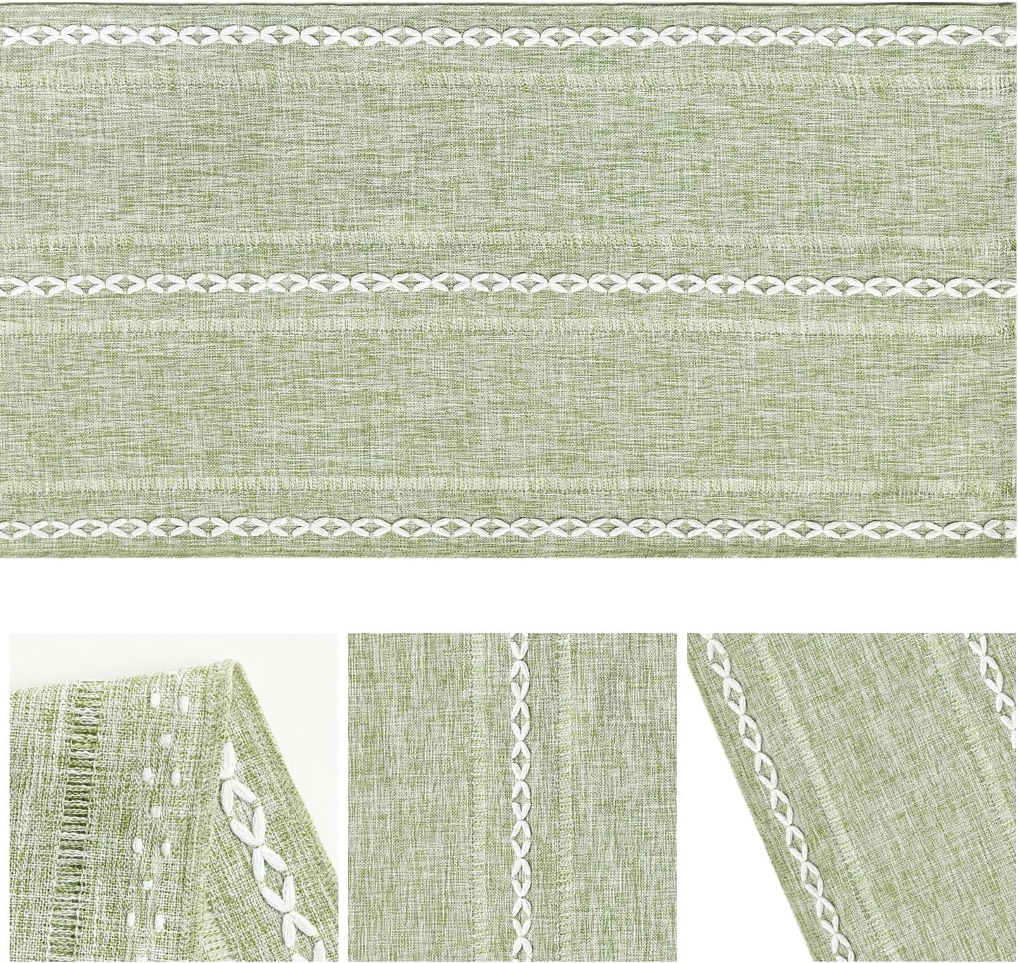 Sage Green Rustic Cotton Linen Table Runner, Seasonal Embroidered Hollow Kitchen Dining Table Decoration for Home Party Decor 13x72 Inch