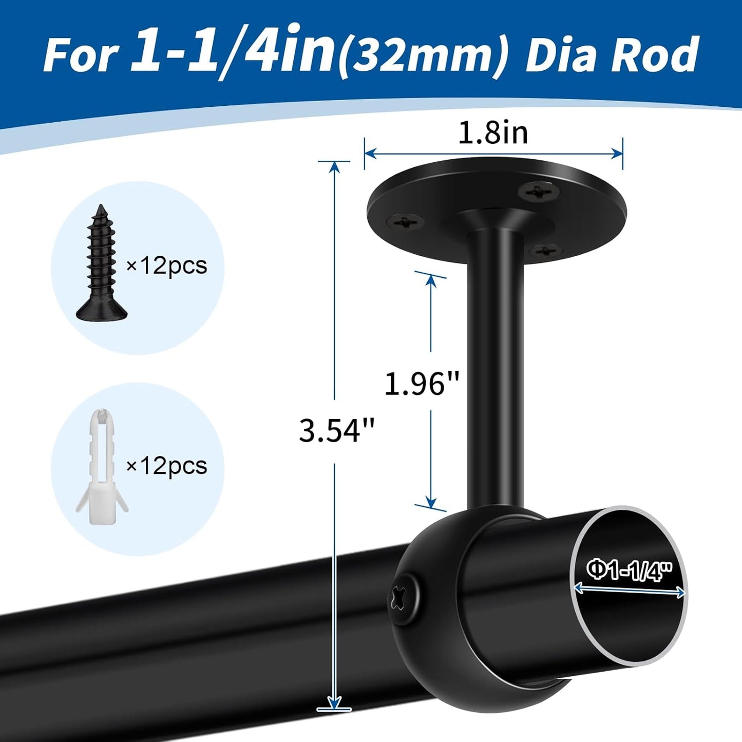Curtain Rod Brackets, Ceiling Heavy Duty Holders, Black 4 Pack Hooks Hangers for 1 1/4-Inch Drape Poles