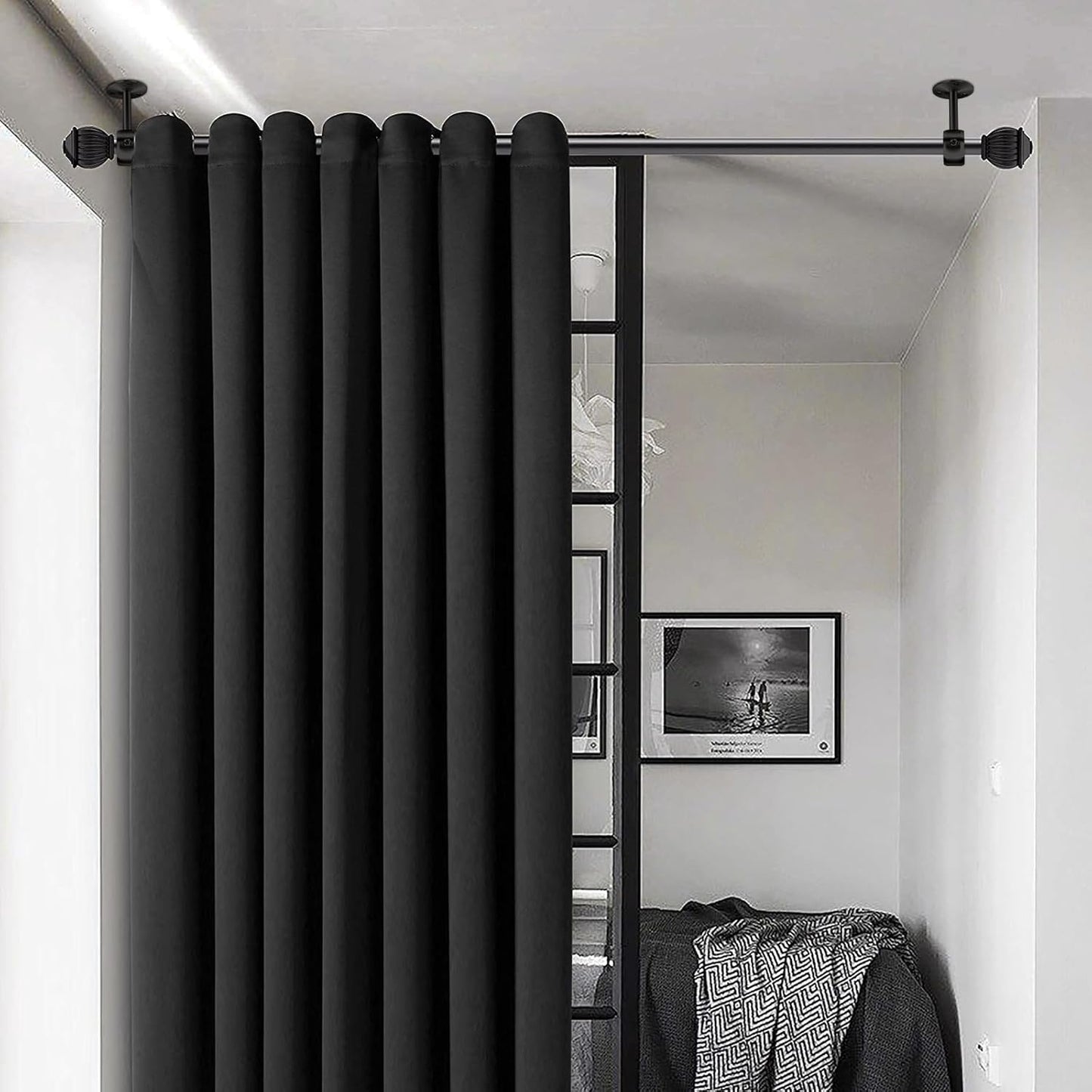 Curtain Rod Brackets, Ceiling Heavy Duty Holders, Black 4 Pack Hooks Hangers for 1 1/4-Inch Drape Poles