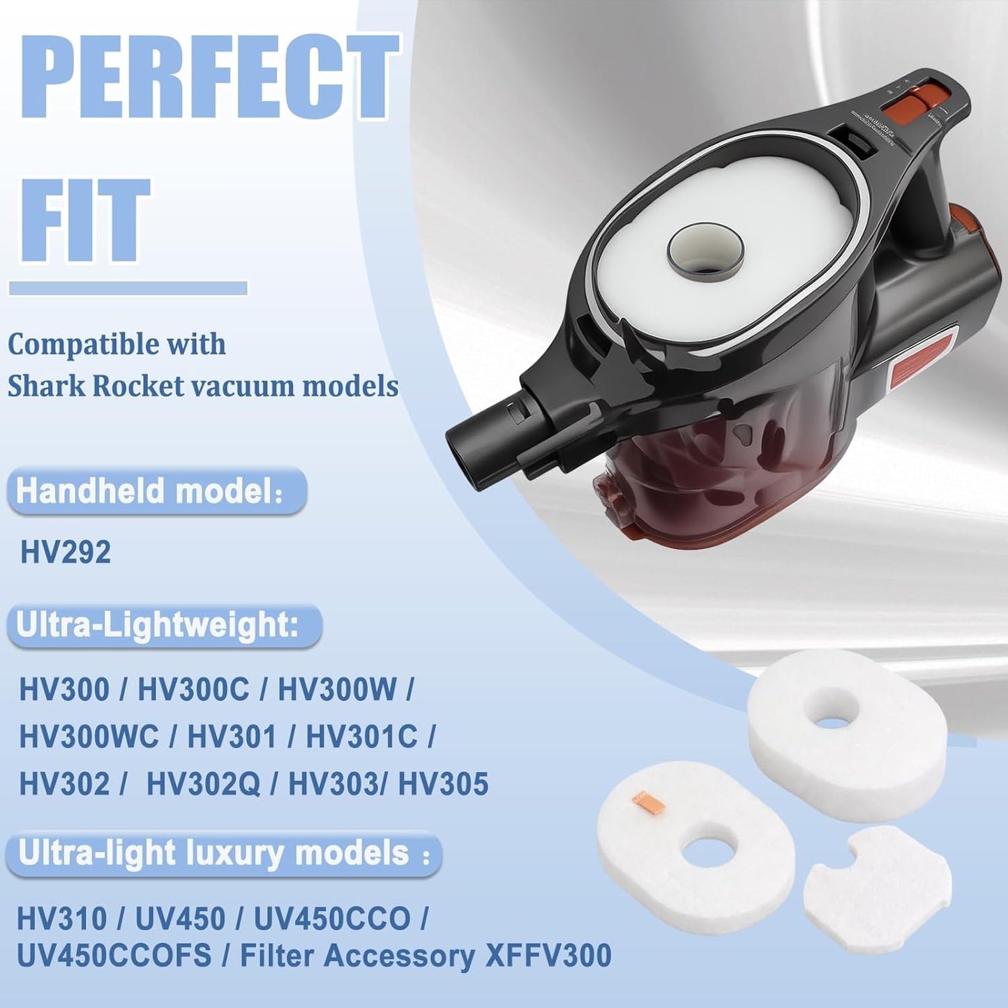 HV300 Filter for Shark Rocket Vacuum 3 Sets Filters Foam & Felt Filters Replacement Parts #XFFV300, HV300W, HV301, HV302, HV303, HV305, HV308, HV310, UV450 by