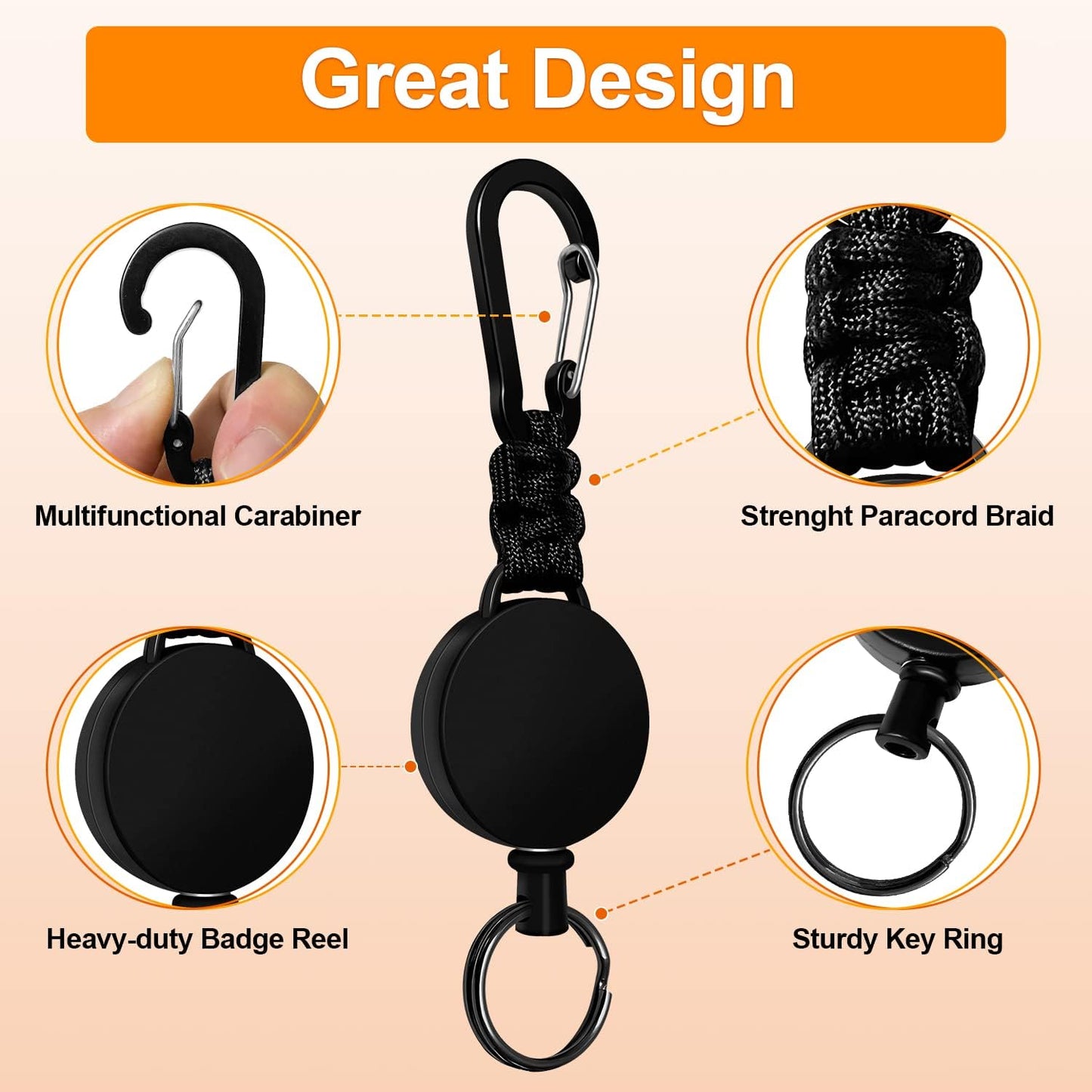 Retractable Keychain 3 Pack Heavy Duty Carabiner Badge Holder Badge Reel ID Holder with Steel Cord Extendable Key Ring
