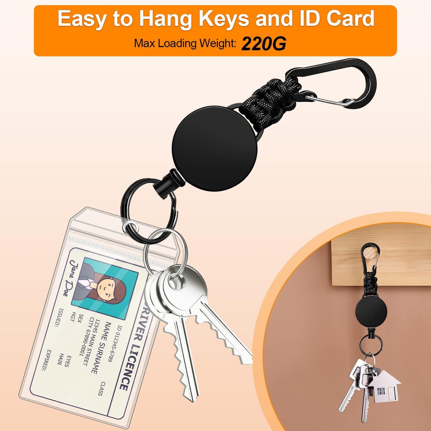 Retractable Keychain 3 Pack Heavy Duty Carabiner Badge Holder Badge Reel ID Holder with Steel Cord Extendable Key Ring