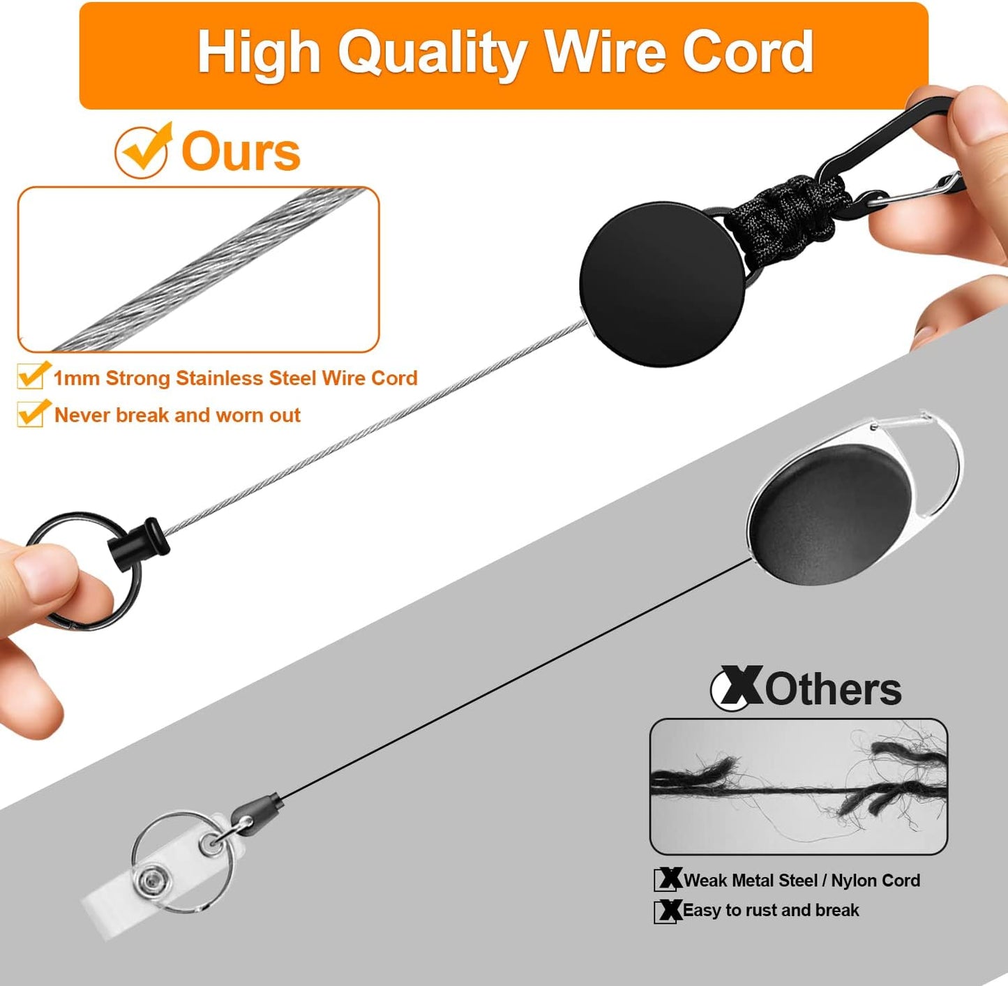 Retractable Keychain 3 Pack Heavy Duty Carabiner Badge Holder Badge Reel ID Holder with Steel Cord Extendable Key Ring
