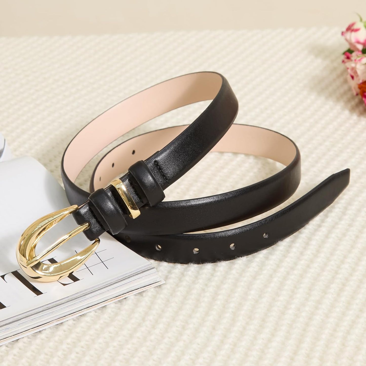 Women Skinny Leather Belts for Jeans Dress Fashion Ladies Faux Belt with Gold Buckle