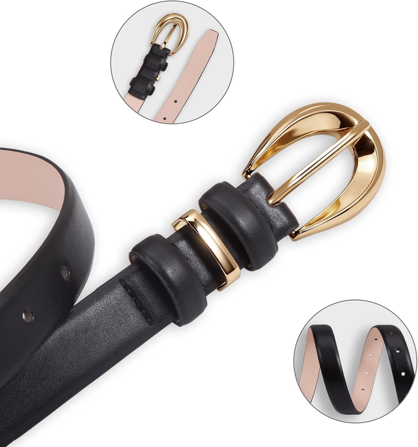 Women Skinny Leather Belts for Jeans Dress Fashion Ladies Faux Belt with Gold Buckle
