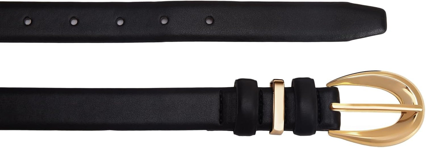 Women Skinny Leather Belts for Jeans Dress Fashion Ladies Faux Belt with Gold Buckle
