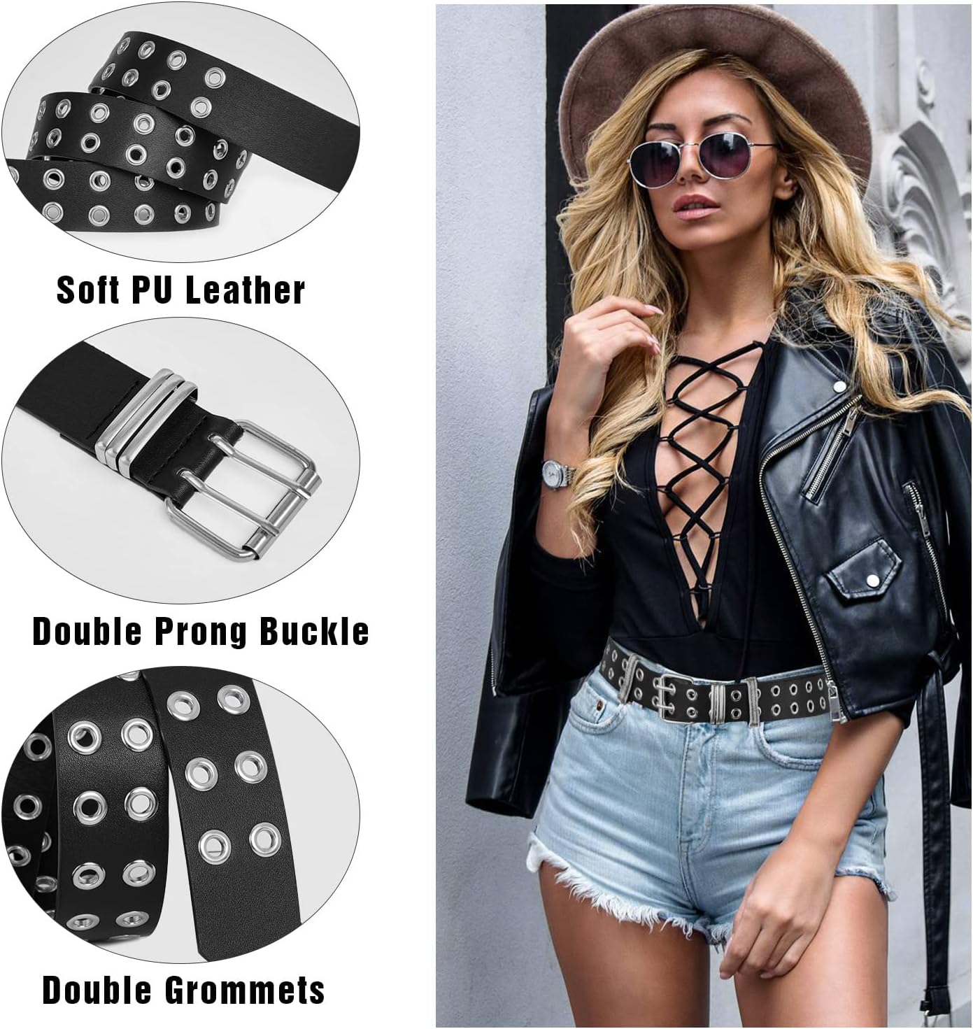 Grommet Leather Belt with Detachable Chain Women Men Punk Rock Waist Belts for Jeans Pants