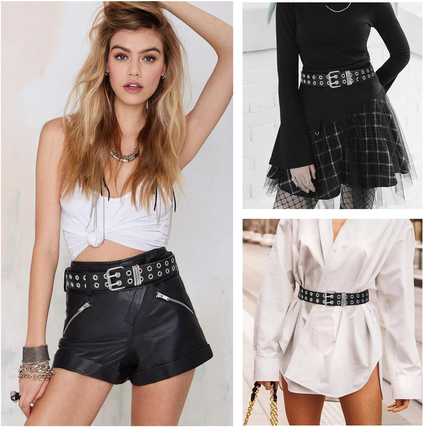 Grommet Leather Belt with Detachable Chain Women Men Punk Rock Waist Belts for Jeans Pants