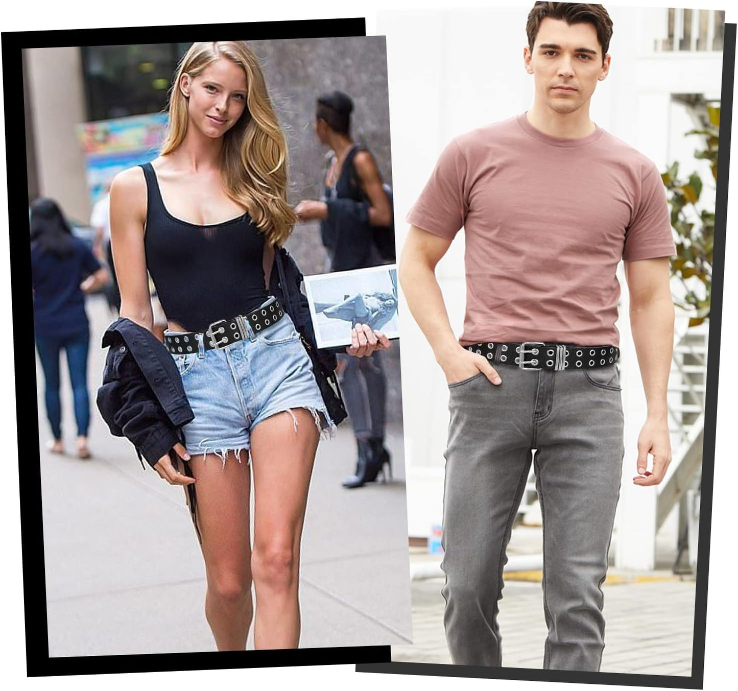 Grommet Leather Belt with Detachable Chain Women Men Punk Rock Waist Belts for Jeans Pants