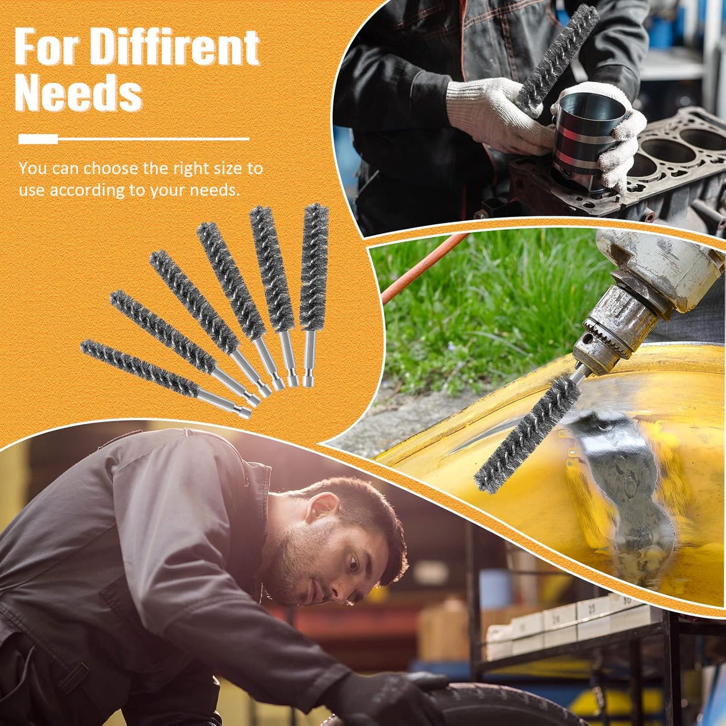Stainless Steel Bore Brush Stainless Steel Bristles Wire Brush for Power Drill with Hex Shank Handle (0.8 cm, 1 cm, 1.2 cm, 1.5 cm, 1.7 cm, 1.9 cm, 6 Pcs)