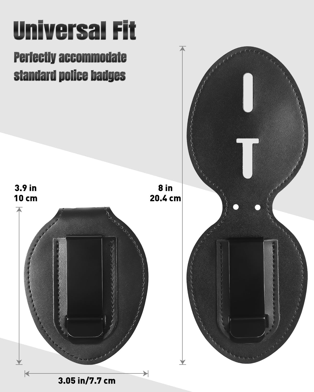 Police Badge Holder, Cowhide Law Enforcement Badge Holder with Metal Belt Clip & Stainless Steel Bead Chain, Universal Oval Leather, Hook and Loop Sheriff ID Carrier, Black