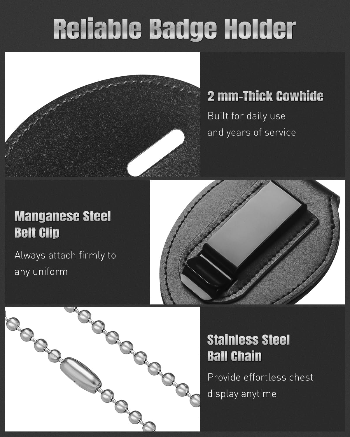 Police Badge Holder, Cowhide Law Enforcement Badge Holder with Metal Belt Clip & Stainless Steel Bead Chain, Universal Oval Leather, Hook and Loop Sheriff ID Carrier, Black
