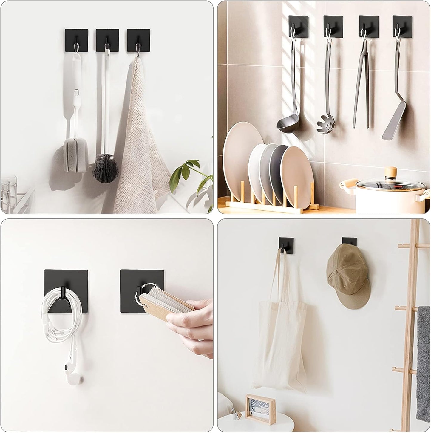 Adhesive Towel Hooks, Waterproof Shower Wall Stick on Hooks, 2 Extra Adhesive Strips, Black, 4 Pcs
