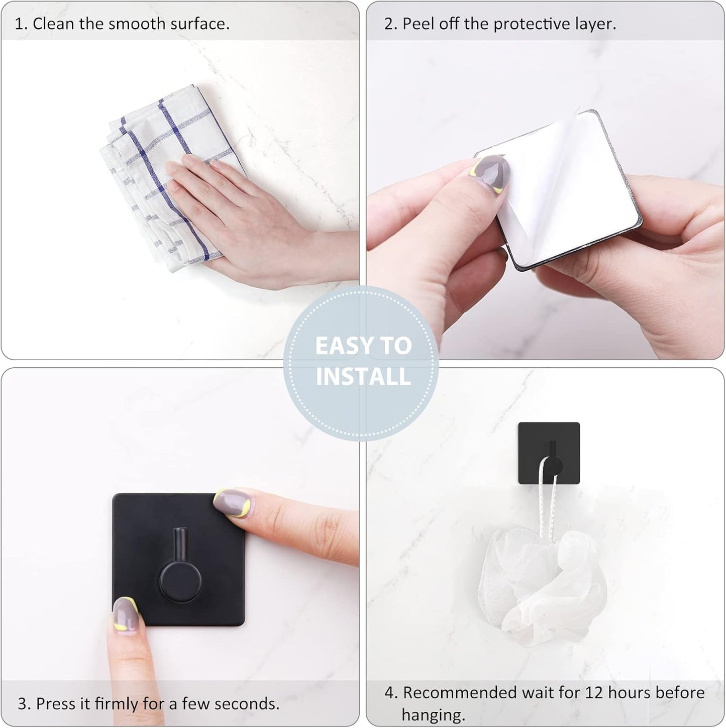 Adhesive Towel Hooks, Waterproof Shower Wall Stick on Hooks, 2 Extra Adhesive Strips, Black, 4 Pcs