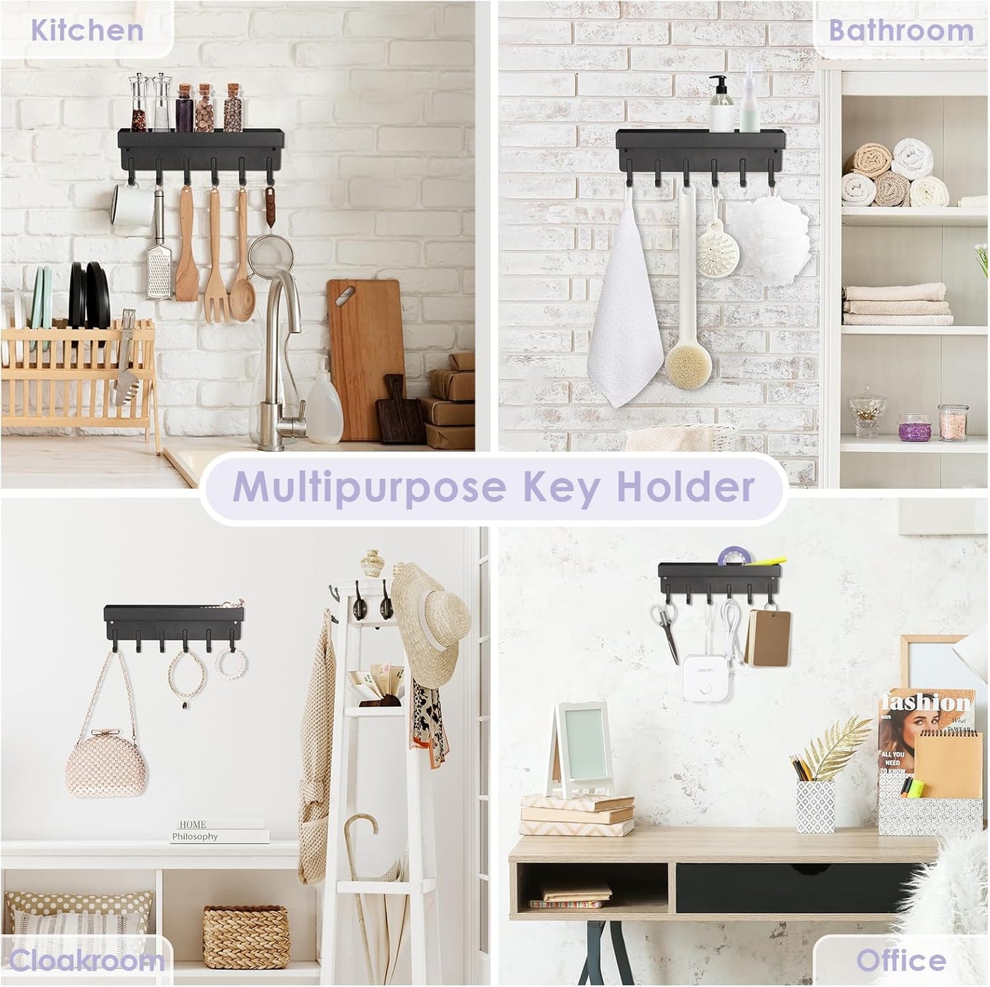 Key Holder Wall Mount, Compact Adhesive Key Rack with Tray, 6 Hooks, 2 Mount Options, Black