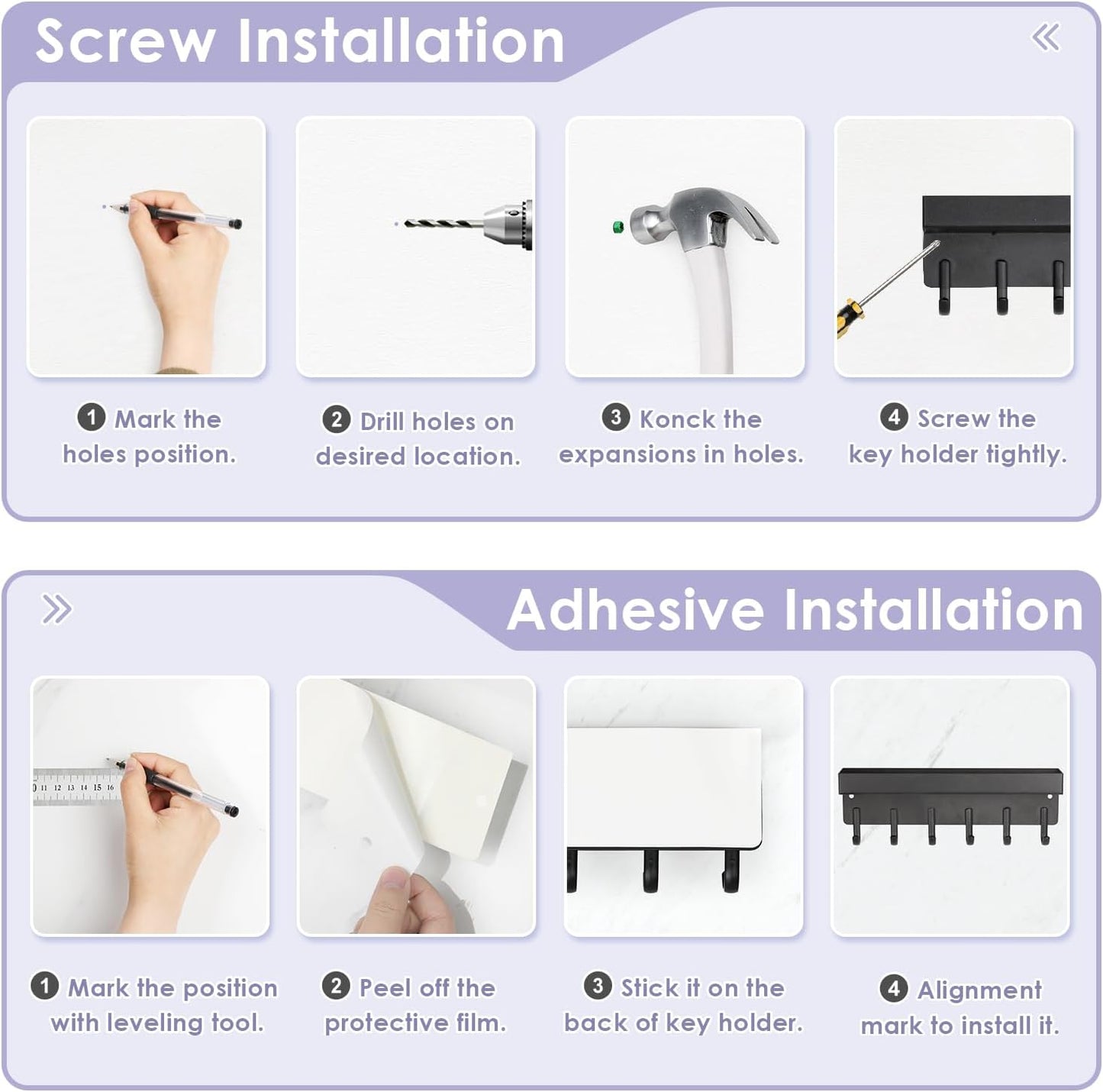 Key Holder Wall Mount, Compact Adhesive Key Rack with Tray, 6 Hooks, 2 Mount Options, Black