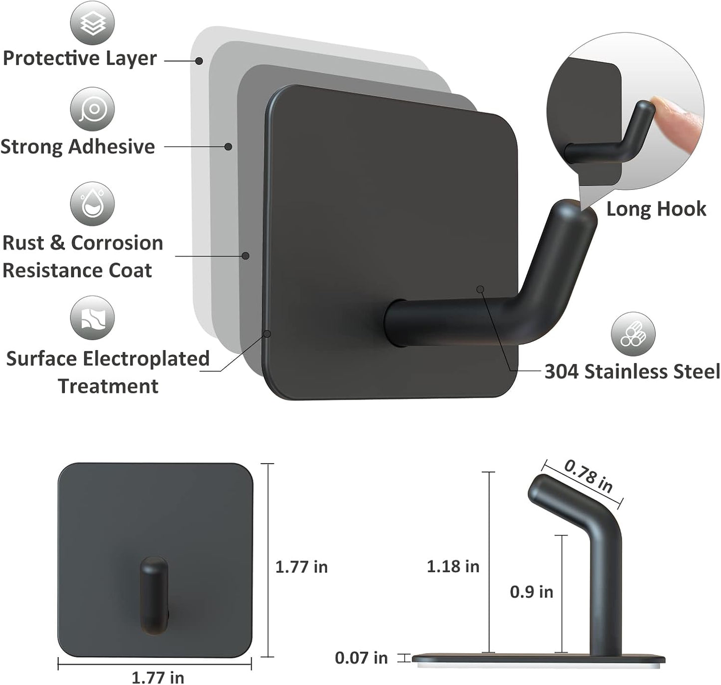 Adhesive Hooks, Heavy Duty Shower Wall Stick on Hooks, Waterproof, 2 Extra Adhesive Strips, Black, 4 Pcs