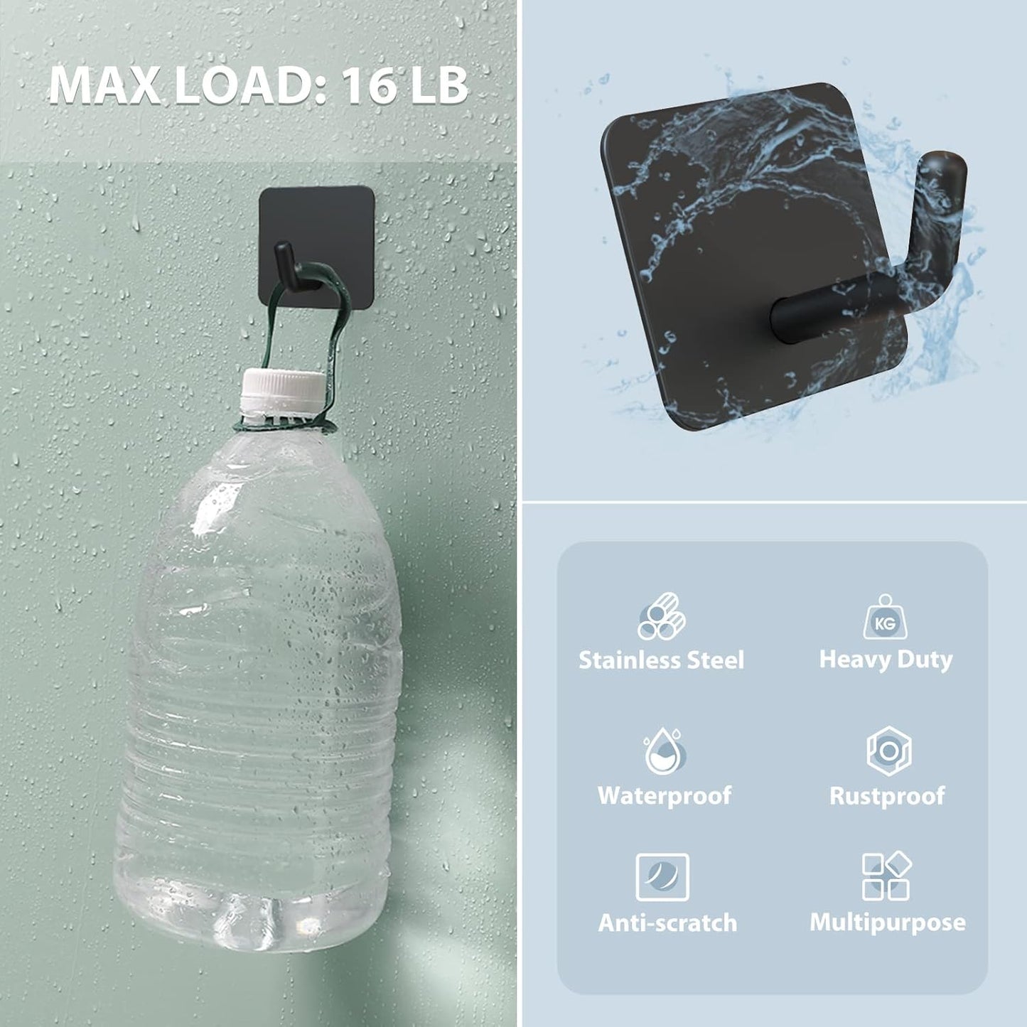 Adhesive Hooks, Heavy Duty Shower Wall Stick on Hooks, Waterproof, 2 Extra Adhesive Strips, Black, 4 Pcs