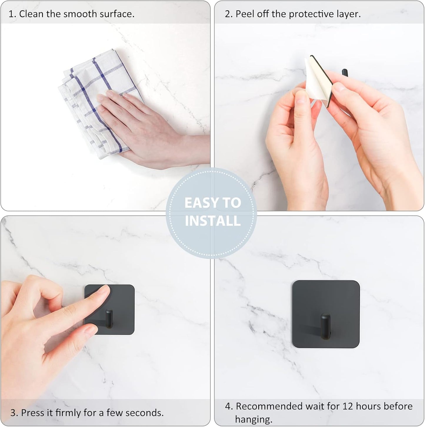 Adhesive Hooks, Heavy Duty Shower Wall Stick on Hooks, Waterproof, 2 Extra Adhesive Strips, Black, 4 Pcs