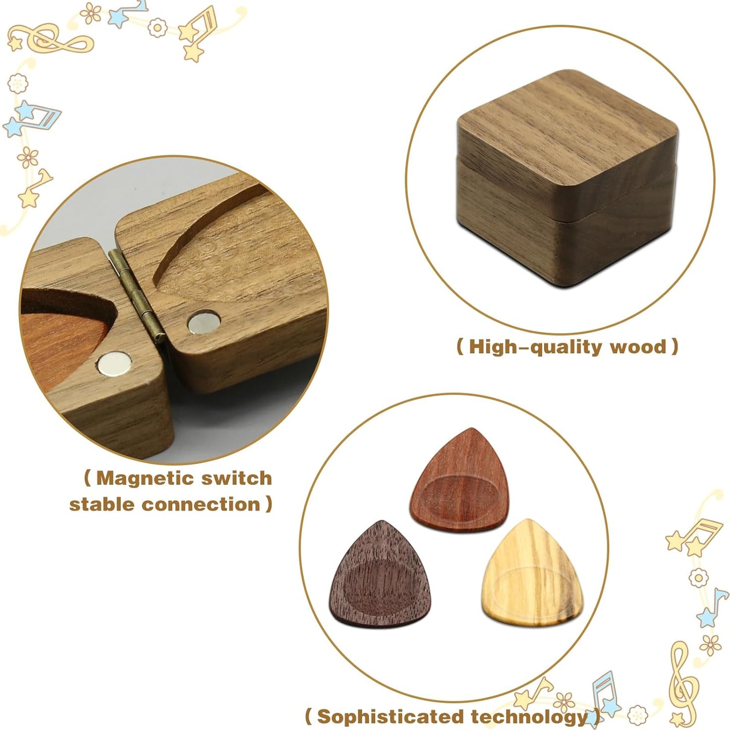 Wood Guitar Picks with Guitar Pick Box, Personalized Guitar Picks Holder, Guitar Pick Case Storage for Boyfriend Coworker Son Husband, Guitar and Bass Accessories(1Guitar Pick Holder & 3 Guitar Picks)