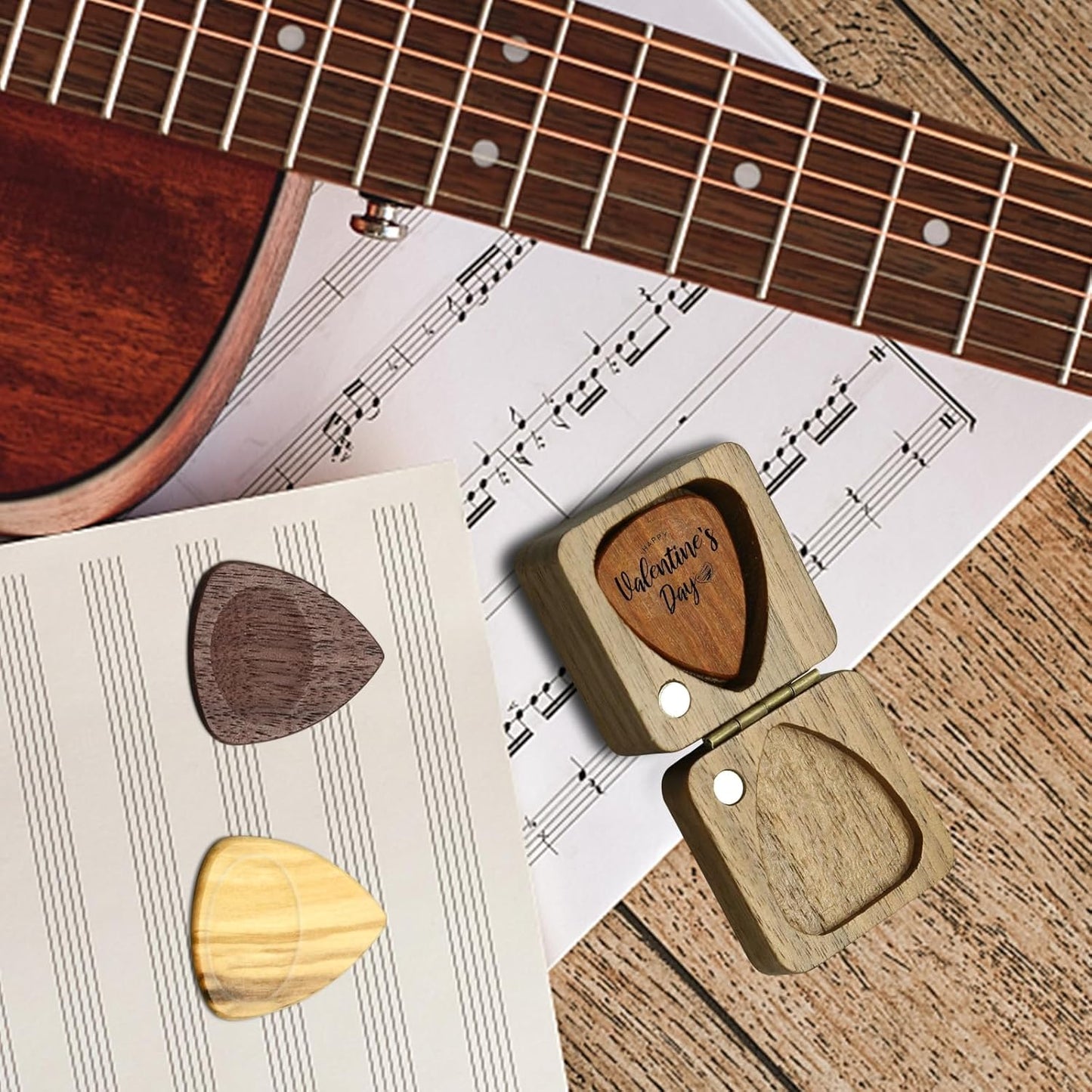Wood Guitar Picks with Guitar Pick Box, Personalized Guitar Picks Holder, Guitar Pick Case Storage for Boyfriend Coworker Son Husband, Guitar and Bass Accessories(1Guitar Pick Holder & 3 Guitar Picks)