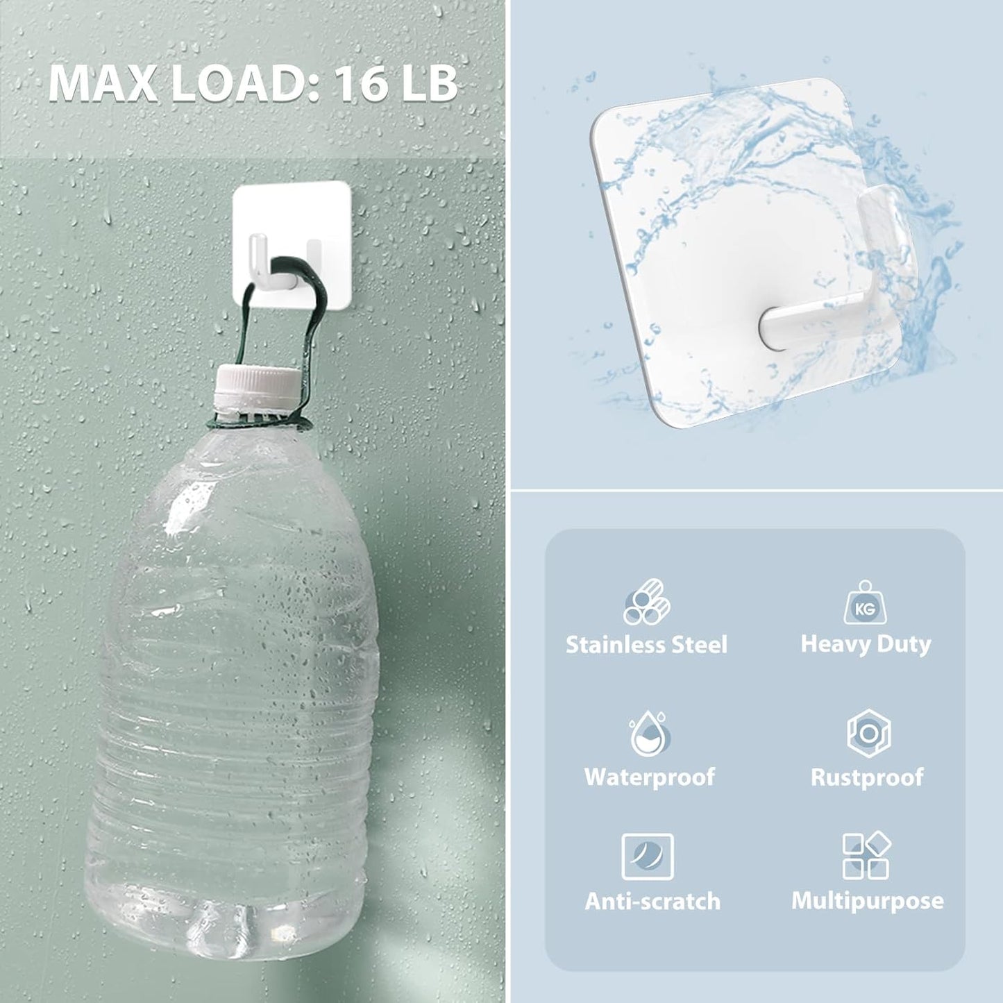 Adhesive Hooks, Metal Shower Wall Stick on Hooks, Waterproof, 2 Extra Adhesive Strips, White, 4 Pcs