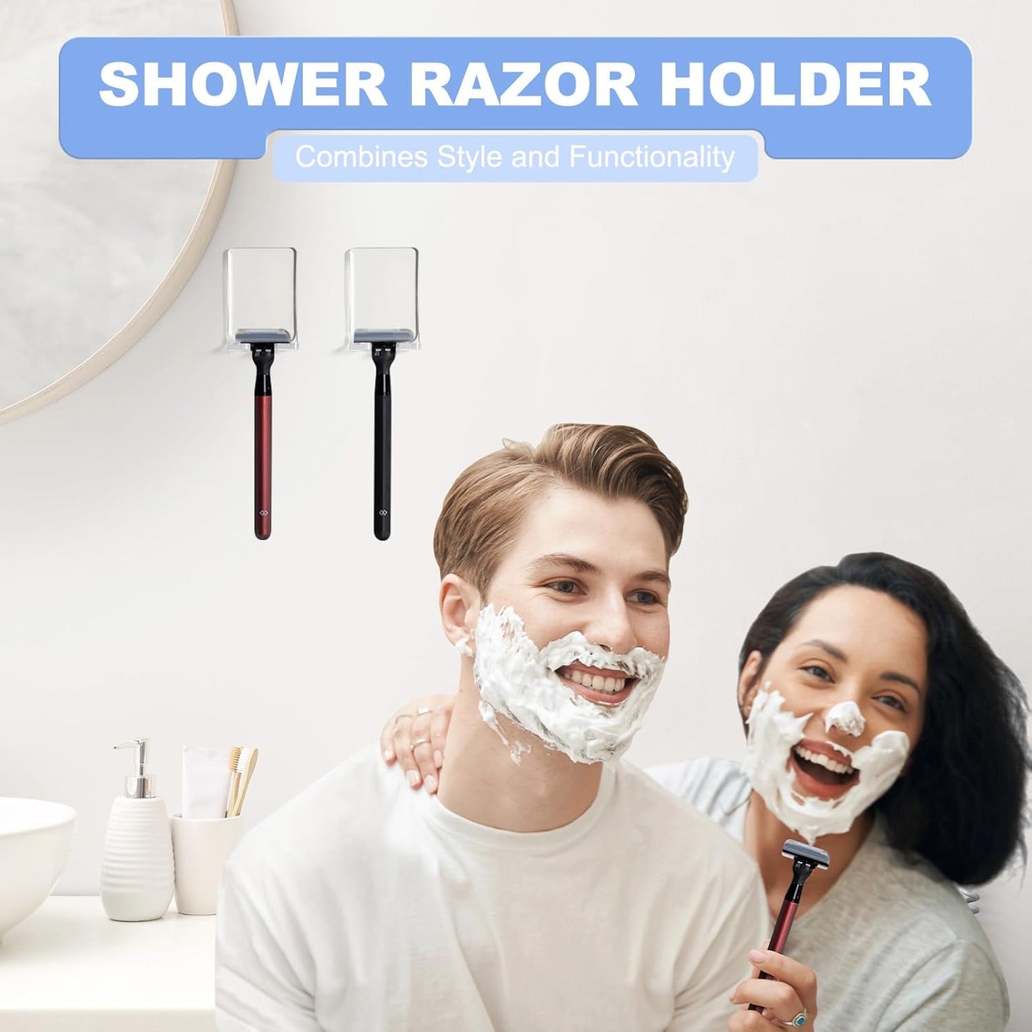 Adhesive Razor Holder, Wall Mount Shower Razor Hooks for His and Hers, Acrylic, Waterproof, Clear, 2 Pcs