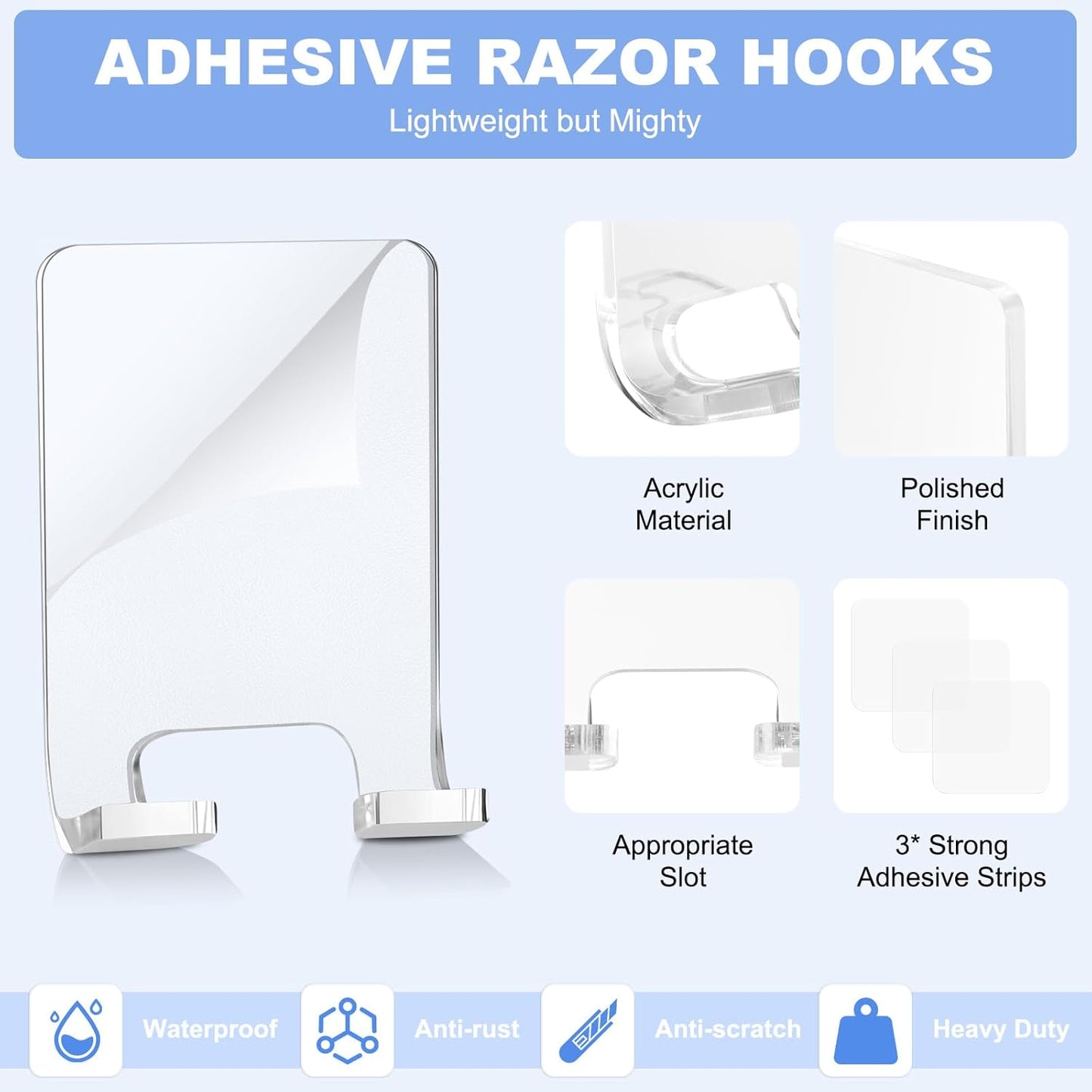 Adhesive Razor Holder, Wall Mount Shower Razor Hooks for His and Hers, Acrylic, Waterproof, Clear, 2 Pcs