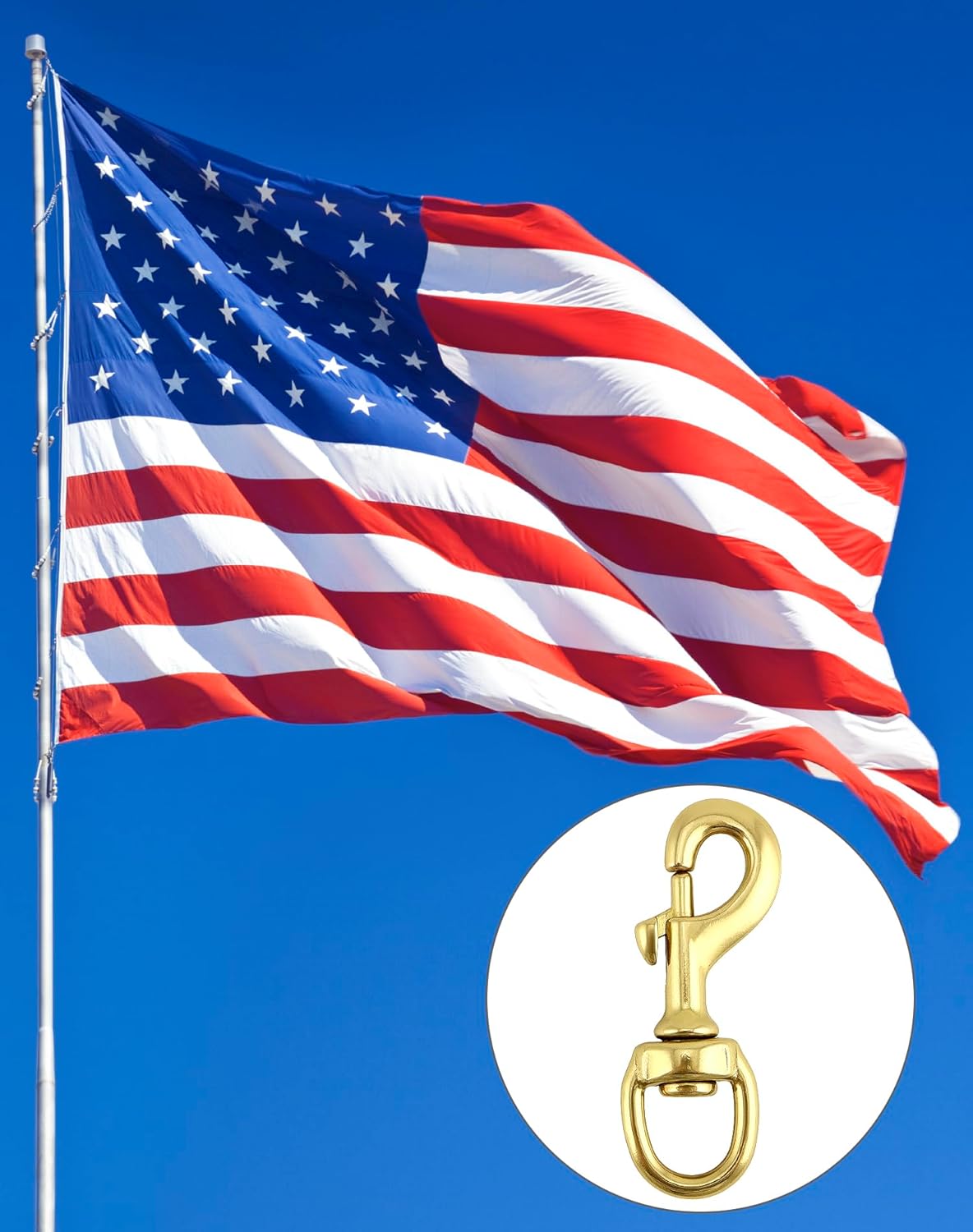 Flag Clip Swivel Spring Hook, 4 Pack Flag Pole Clips, Heavy Duty Brass Swivel Snap Hooks with Swivel Eyelet, for Diving, Dog Leash, Ropes, Flag Pole, Leather Crafts, Pet Collar