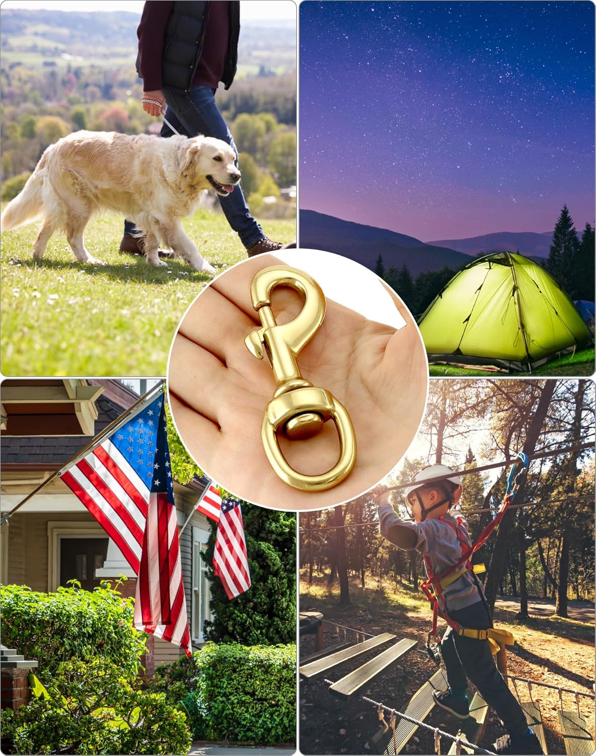 Flag Clip Swivel Spring Hook, 4 Pack Flag Pole Clips, Heavy Duty Brass Swivel Snap Hooks with Swivel Eyelet, for Diving, Dog Leash, Ropes, Flag Pole, Leather Crafts, Pet Collar
