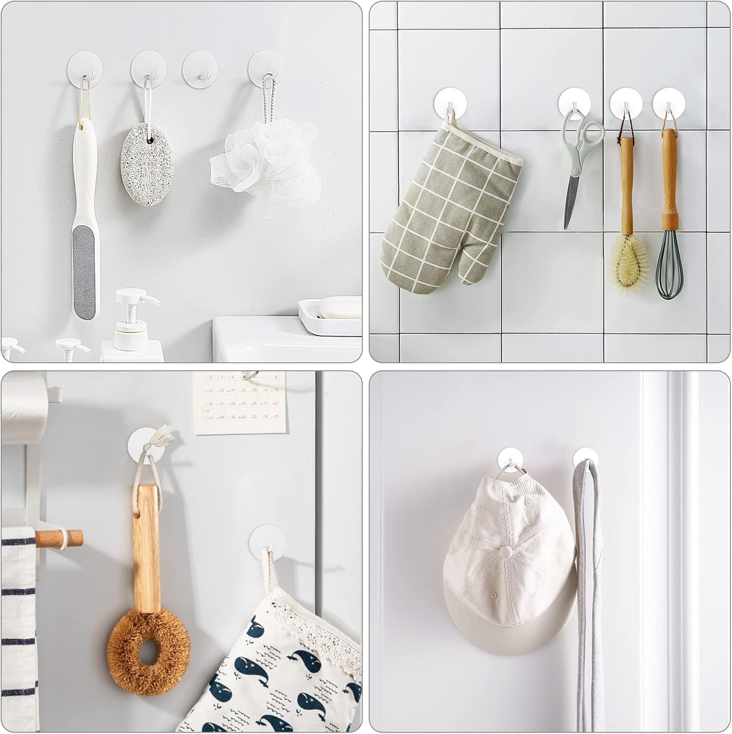 Adhesive Hooks, Small Metal Shower Wall Stick on Hooks, Waterproof, 2 Extra Adhesive Strips, Round, White, 4 Pcs