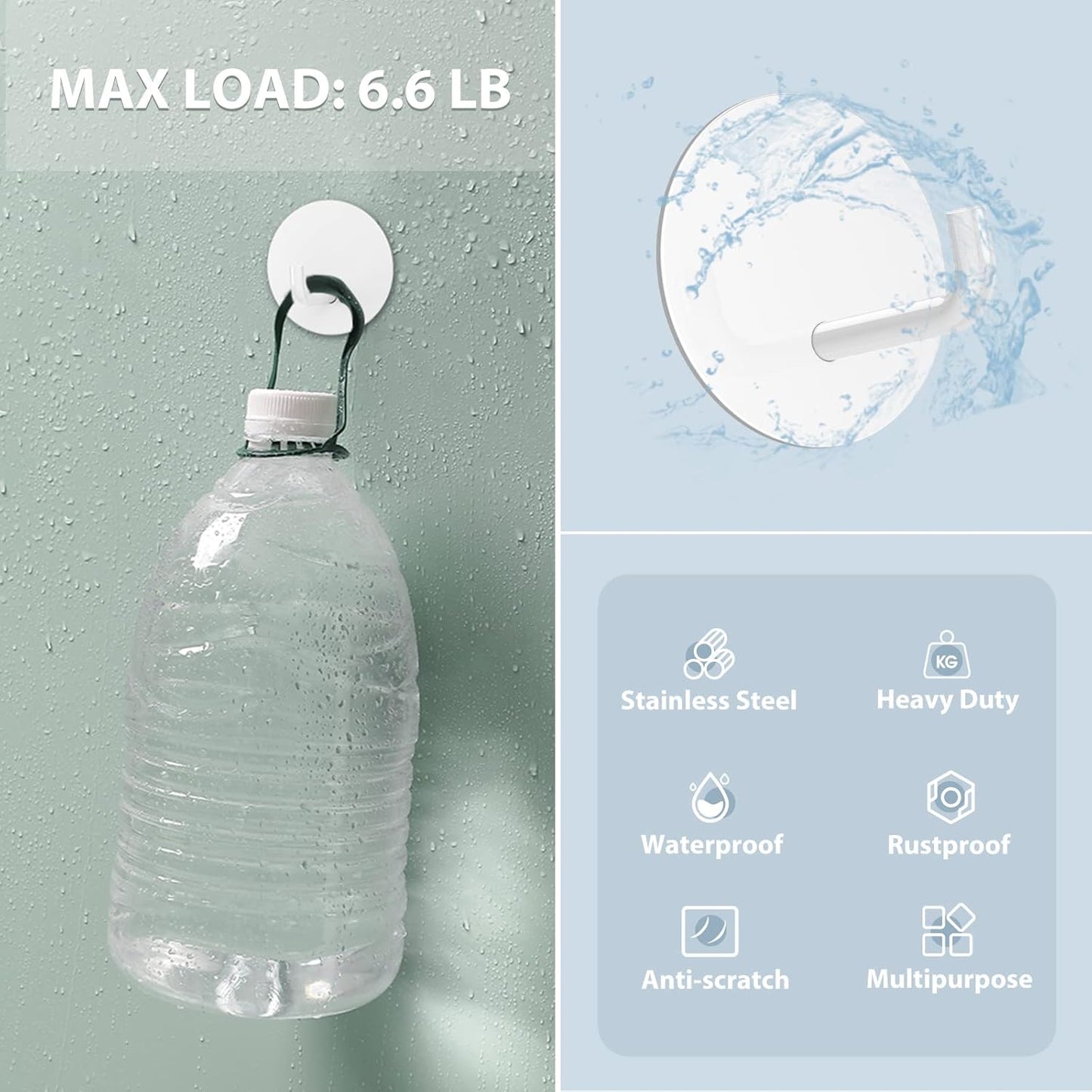 Adhesive Hooks, Small Metal Shower Wall Stick on Hooks, Waterproof, 2 Extra Adhesive Strips, Round, White, 4 Pcs